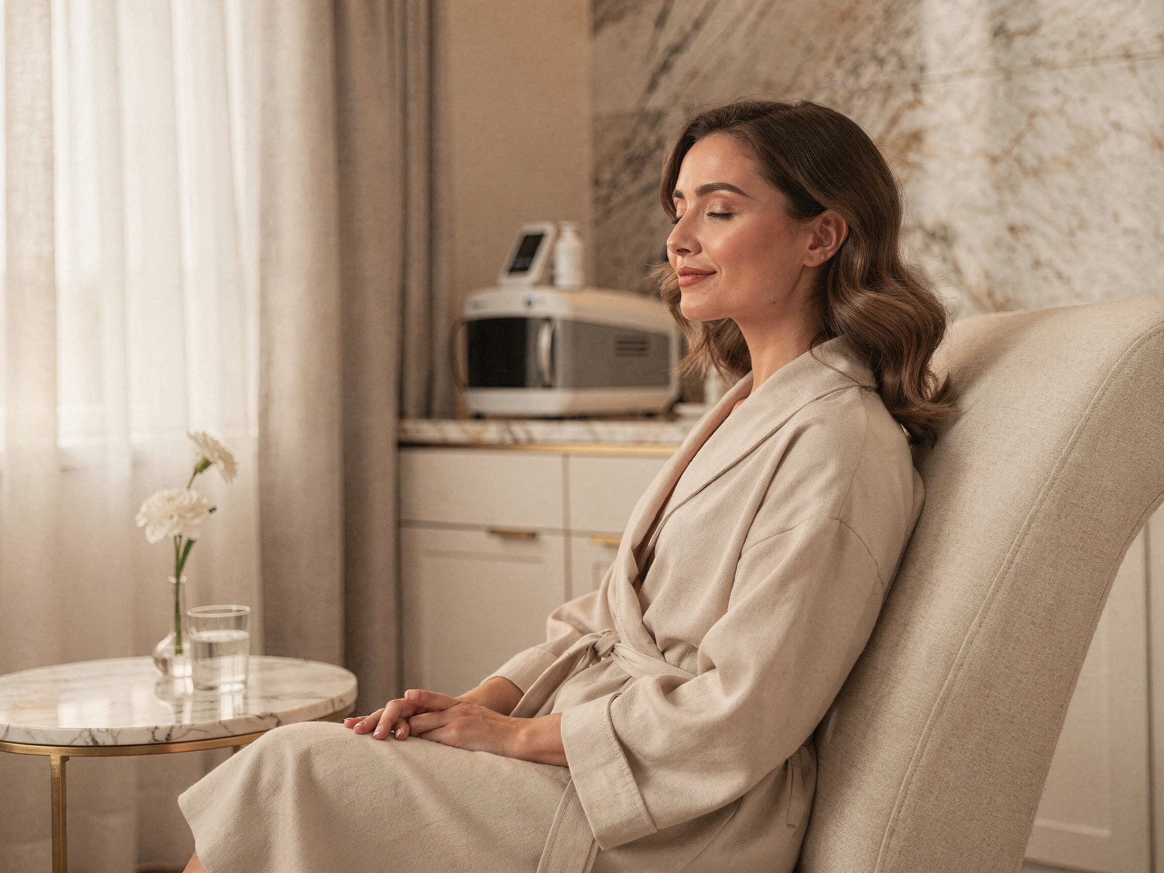 Woman in beige robe sitting in modern spa-like room with medical device in background